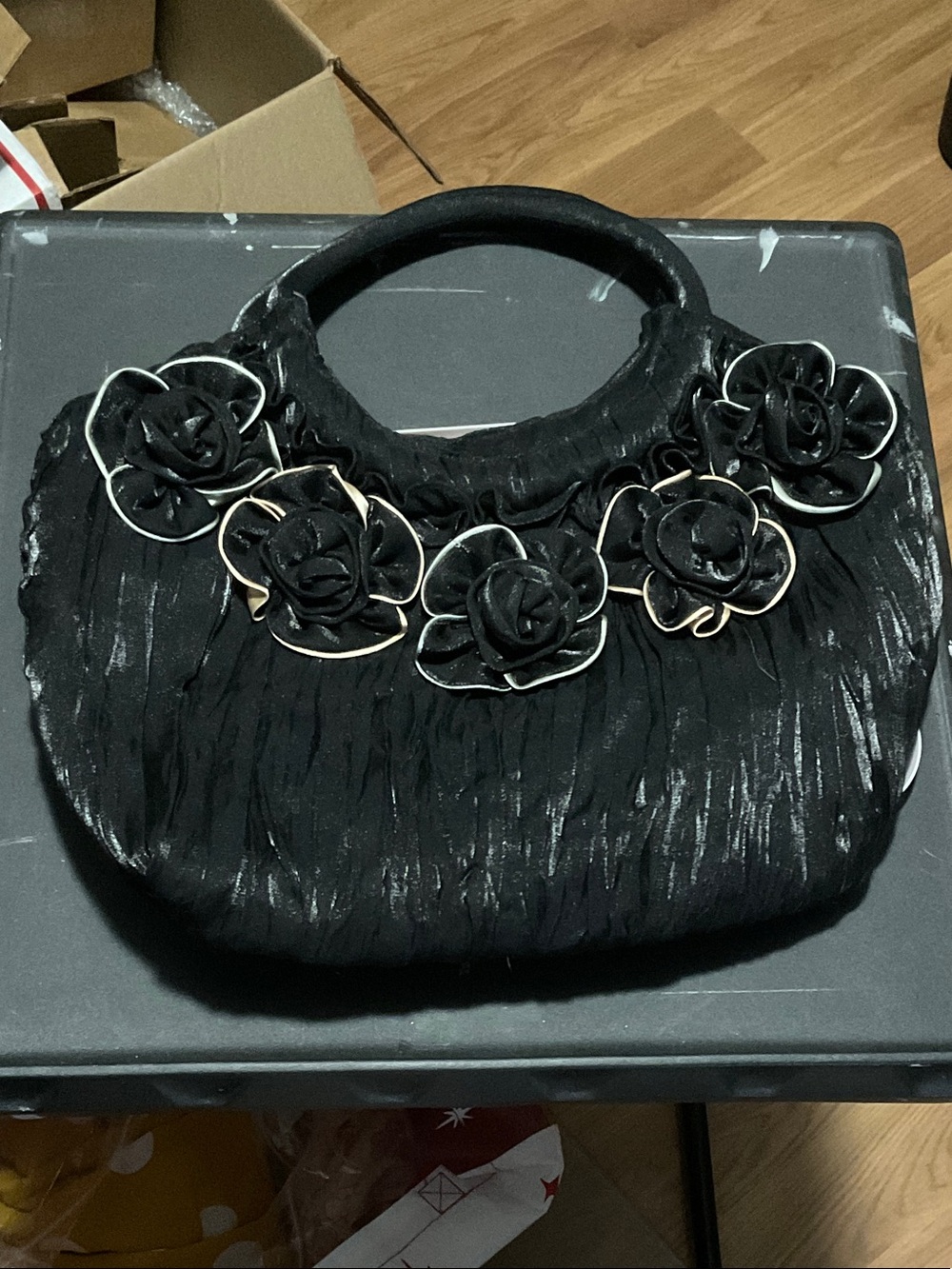 Black Floral Appliqué Evening Handbag